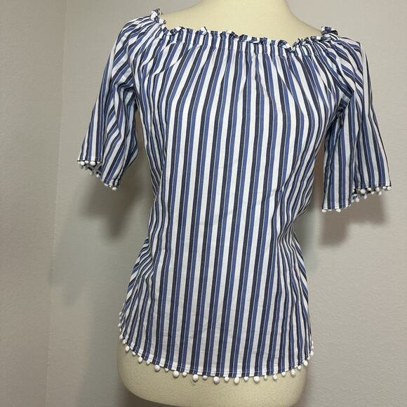 Trina Turk Small Top Sleeveless Blouse Blue Striped Preppy Coastal Poms Coastal - Picture 3 of 12